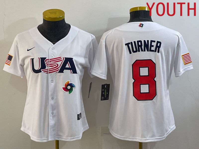 Youth 2023 World Cub USA 8 Turner White MLB Jersey8